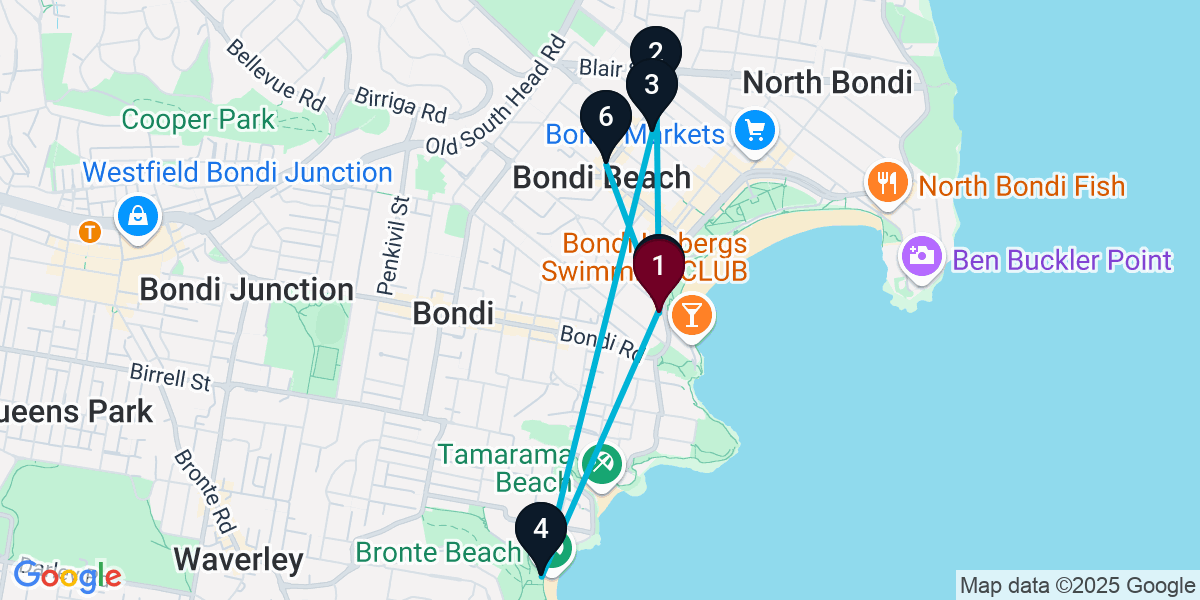 Map for 6-Stop Bondi Beach Beach bar Bar Crawl
