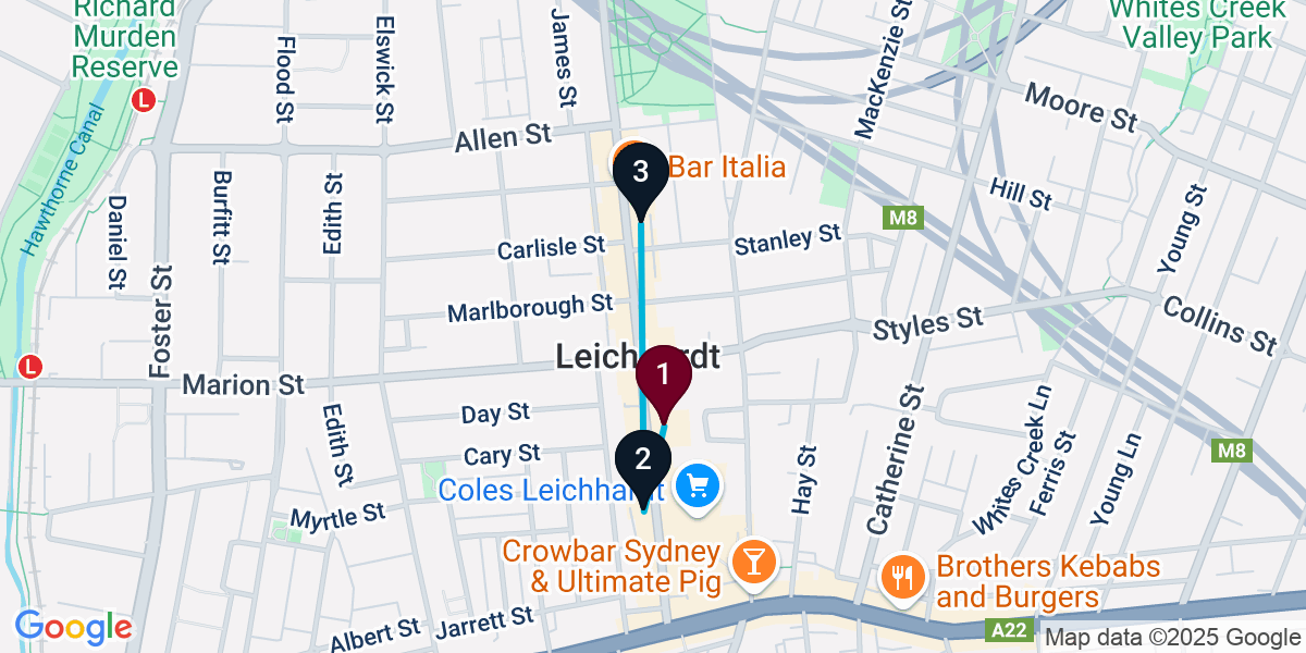 Map for 3-Stop Leichhardt Bar Crawl