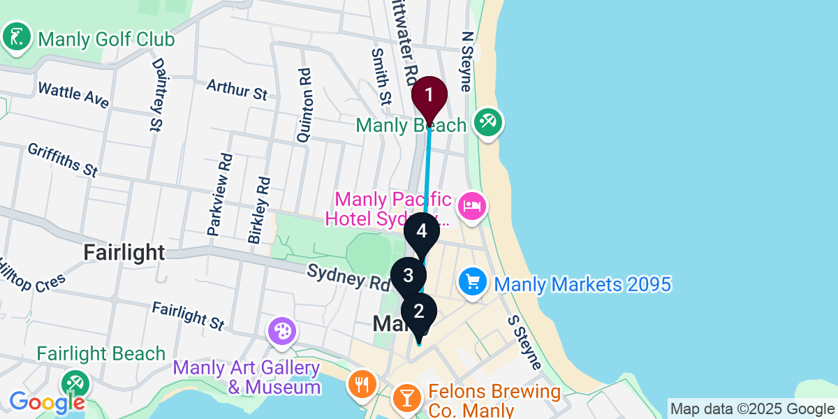 Map for 4-Stop Manly Bar Crawl