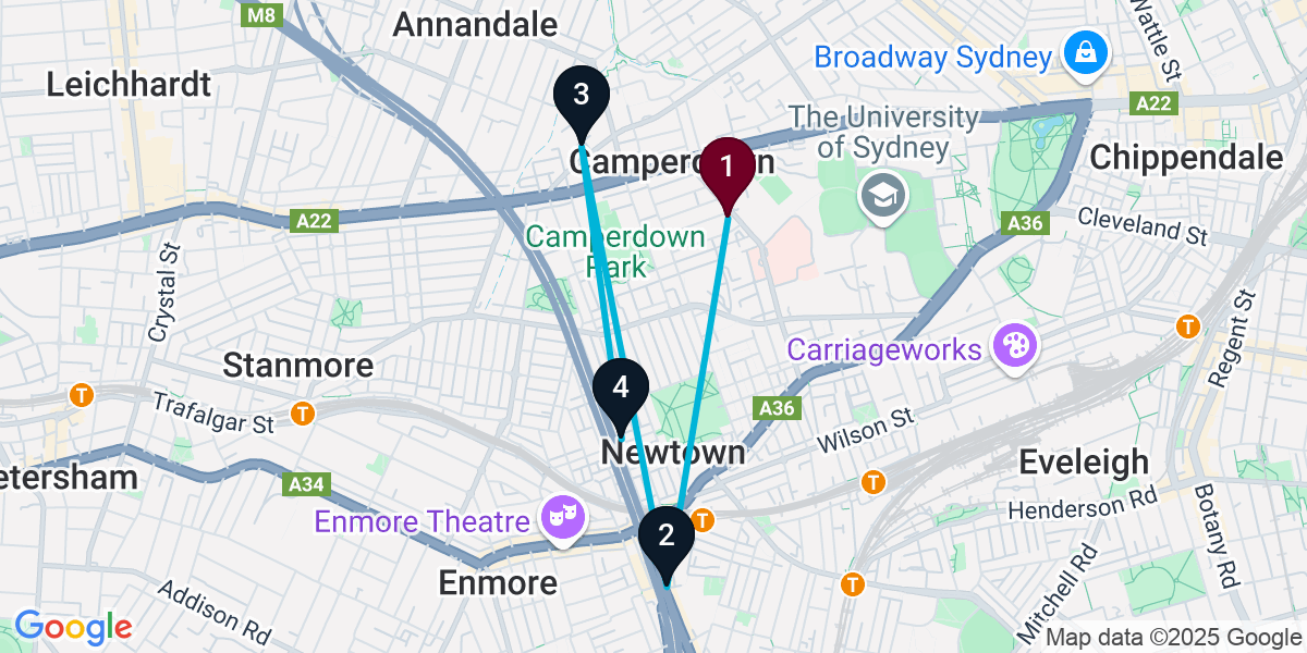 Map for 4-Stop Camperdown Speakeasy Bar Crawl