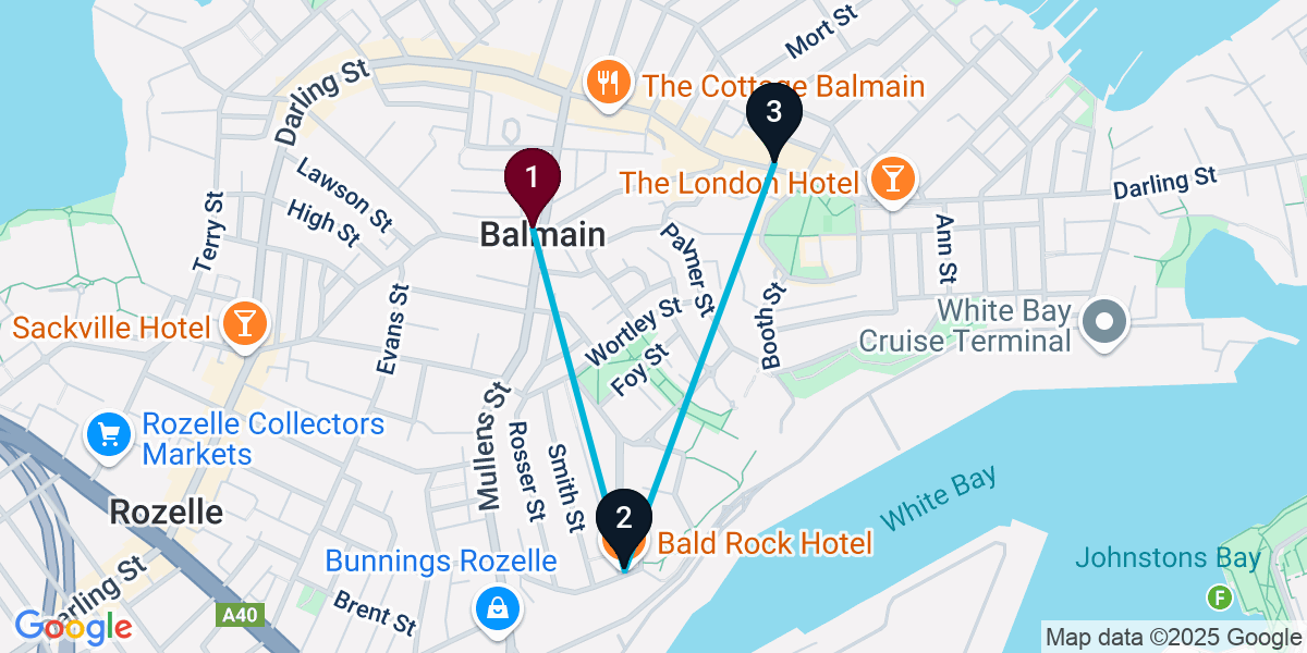 Map for 3-Stop Balmain Pub Bar Crawl