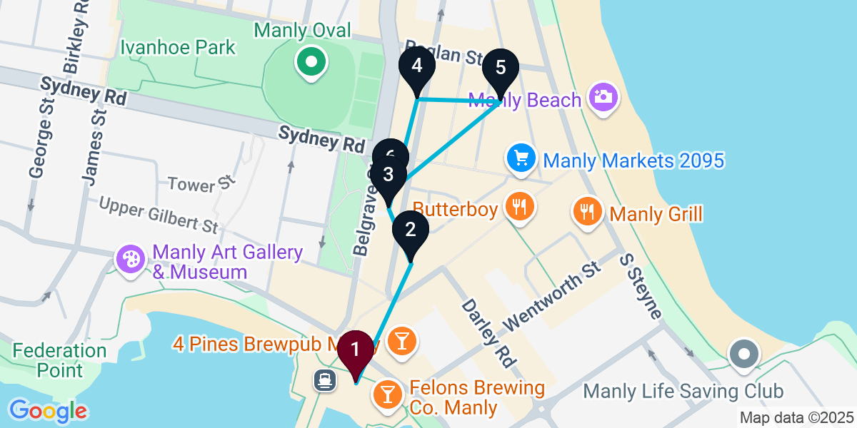 Map for 6-Stop Manly Wine bar Bar Crawl