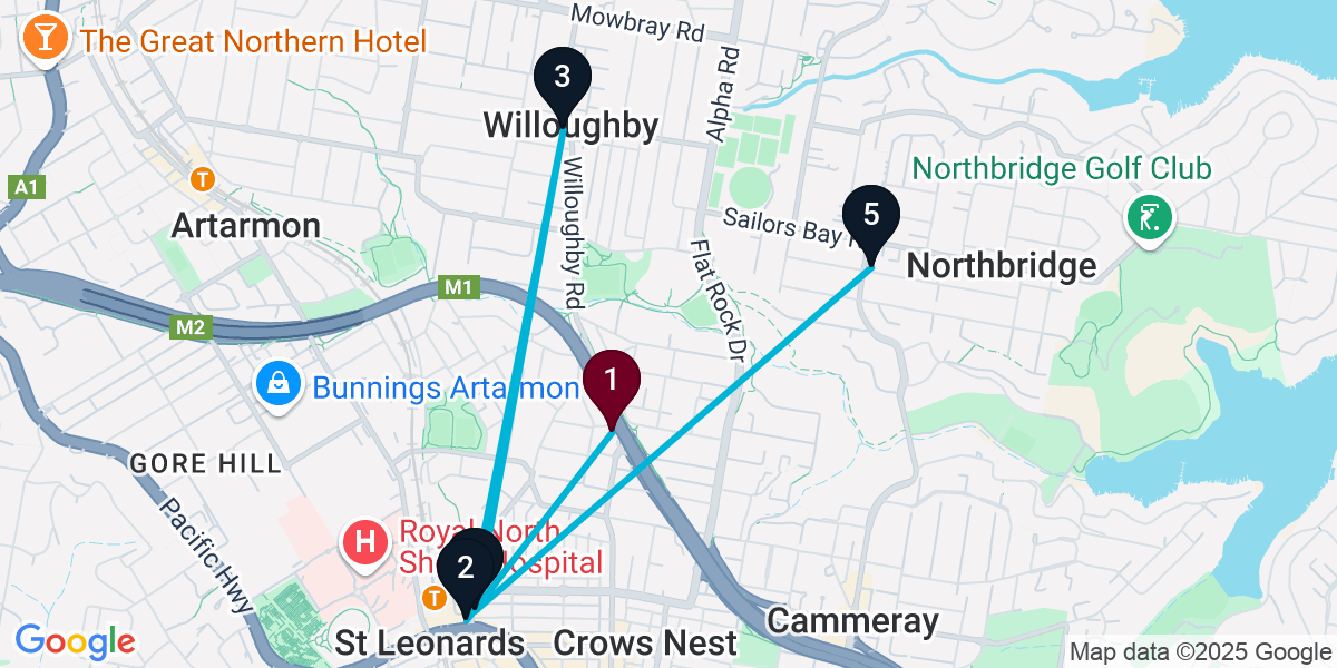 Map for 5-Stop Naremburn Pub Bar Crawl