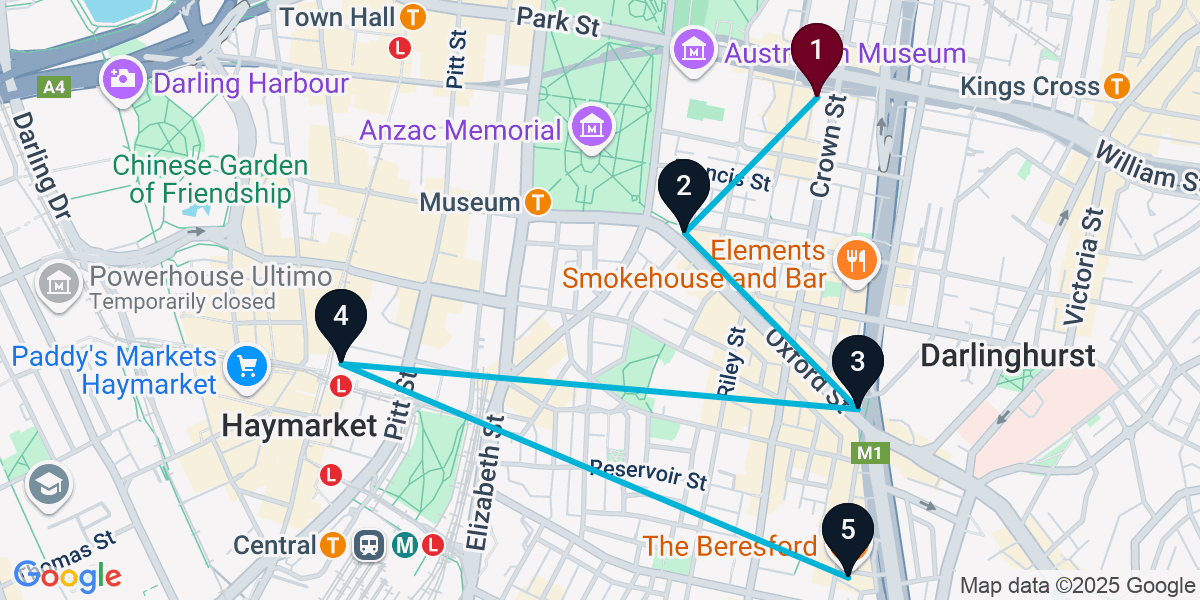 Map for 5-Stop Darlinghurst Nightclub Bar Crawl