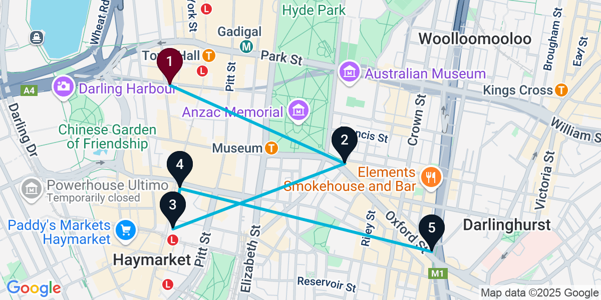 Map for 5-Stop Sydney Nightclub Bar Crawl