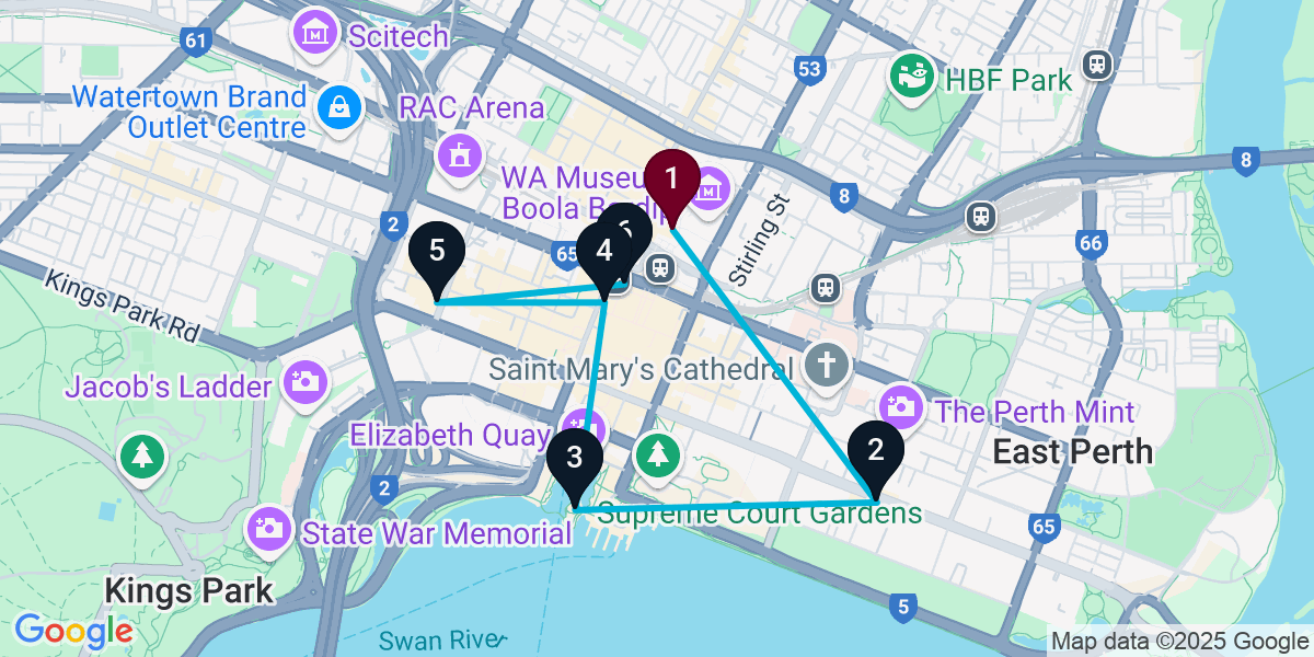 Map for 6-Stop Northbridge Wine bar Bar Crawl