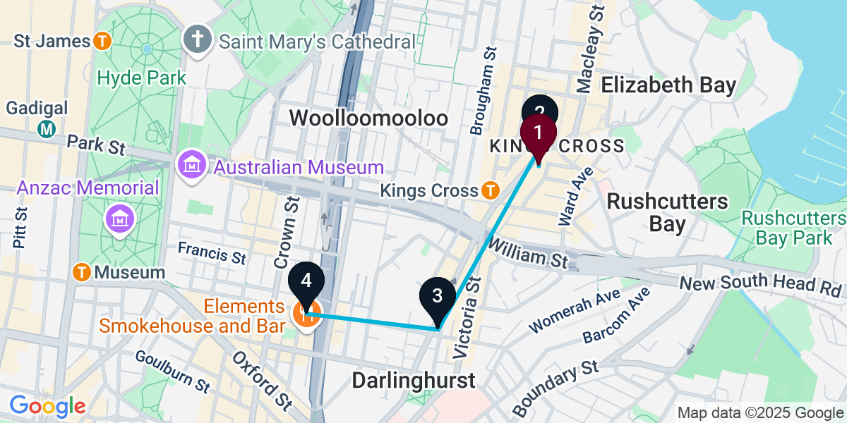 Map for 4-Stop Potts Point Rooftop Bar Crawl