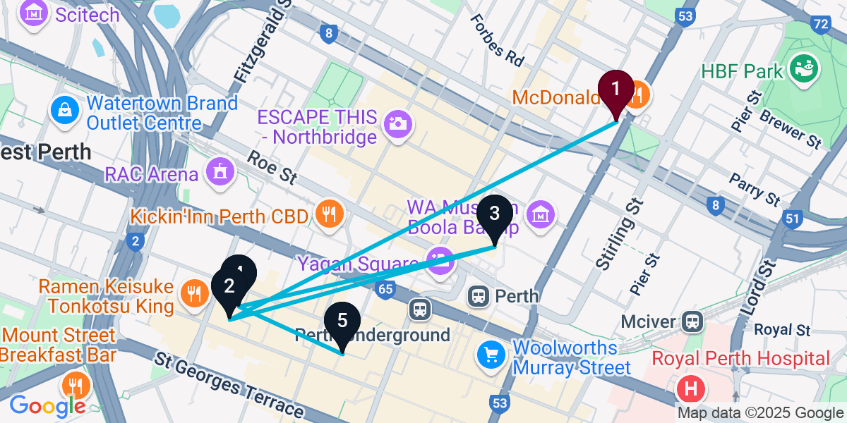Map for 5-Stop Perth Bar Crawl