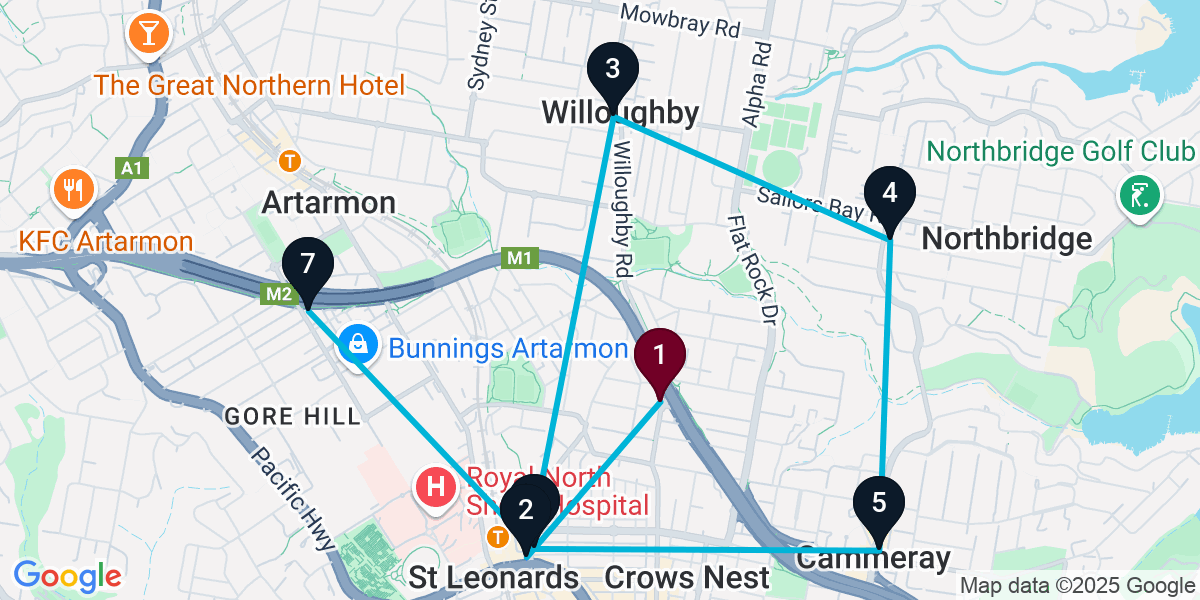Map for 7-Stop Naremburn Pub Bar Crawl