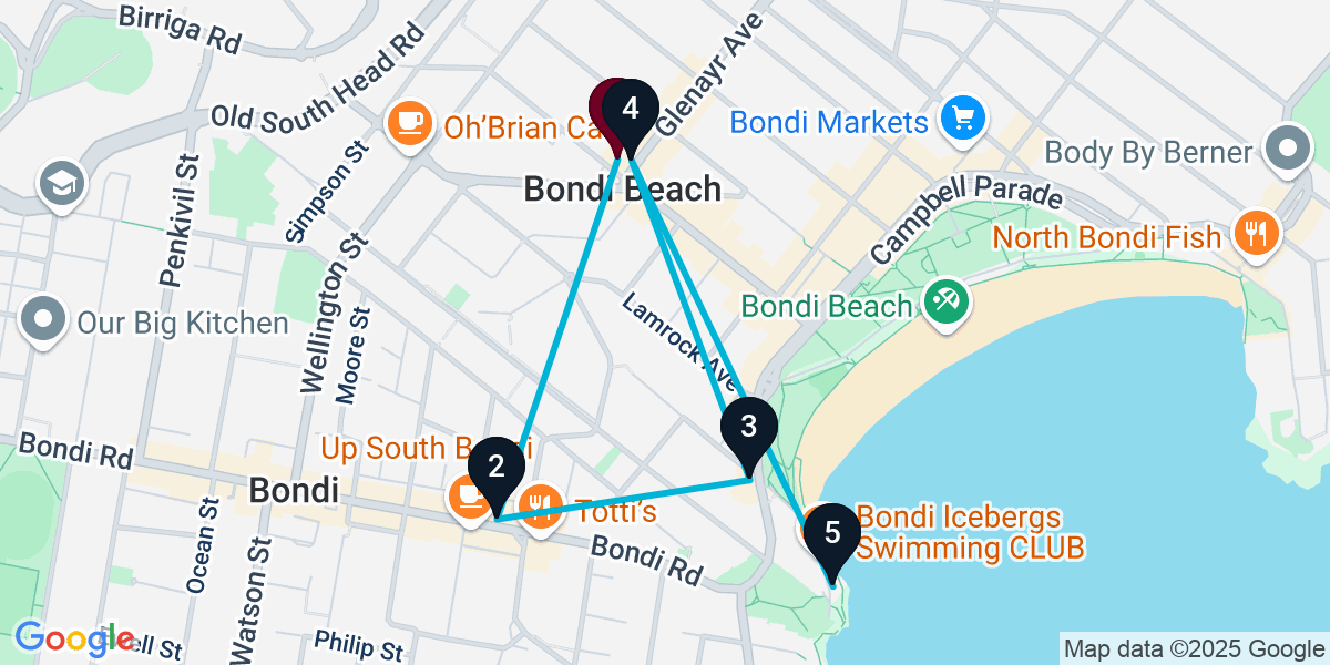 Map for 5-Stop Bondi Beach Cocktail Bar Crawl