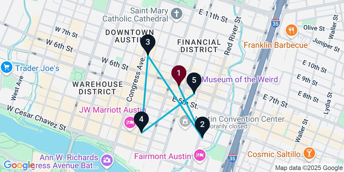 Map for 5-Stop Austin Bar Crawl