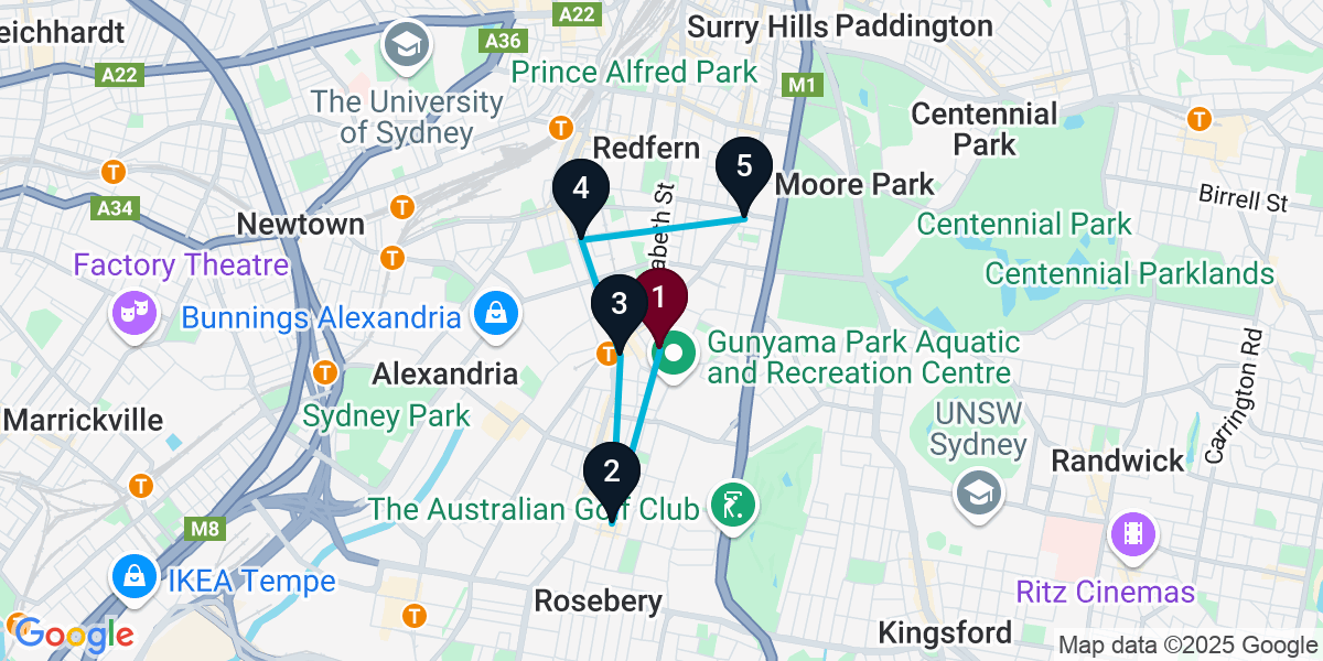 Map for 5-Stop Zetland Cocktail Bar Crawl