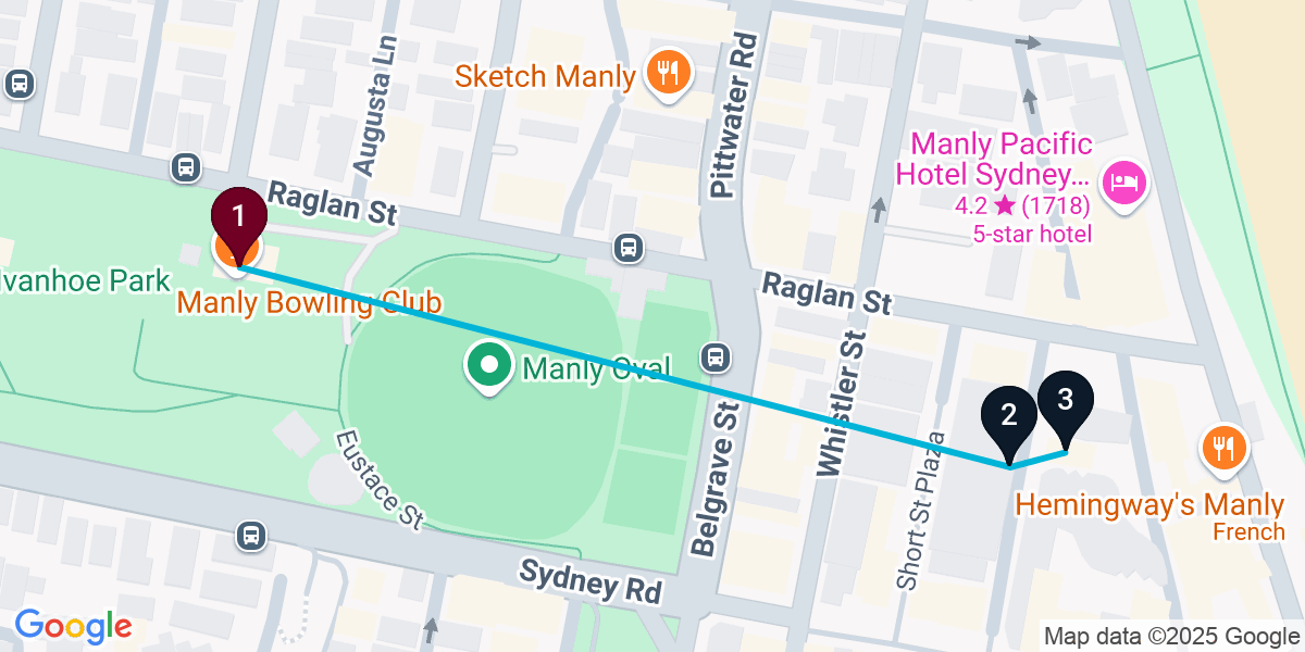 Map for 3-Stop Manly Bar Crawl