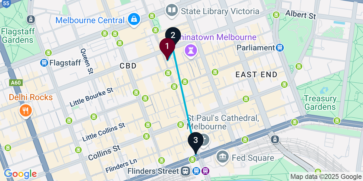 Map for Compact Melbourne Rooftop Bar Crawl