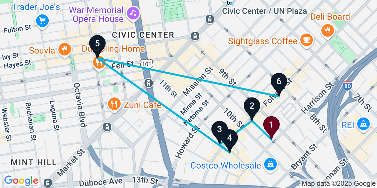 Map for 6-Stop San Francisco Bar Crawl