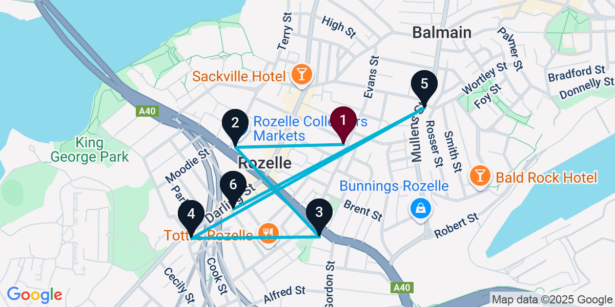 Map for 6-Stop Rozelle Live music Bar Crawl