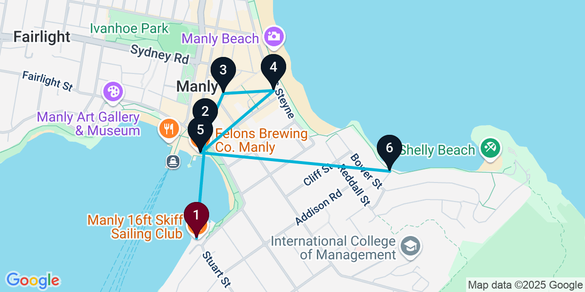 Map for 6-Stop Manly Pub Bar Crawl