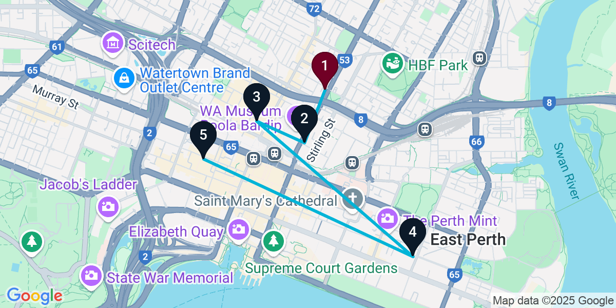 Map for 5-Stop Perth Nightclub Bar Crawl
