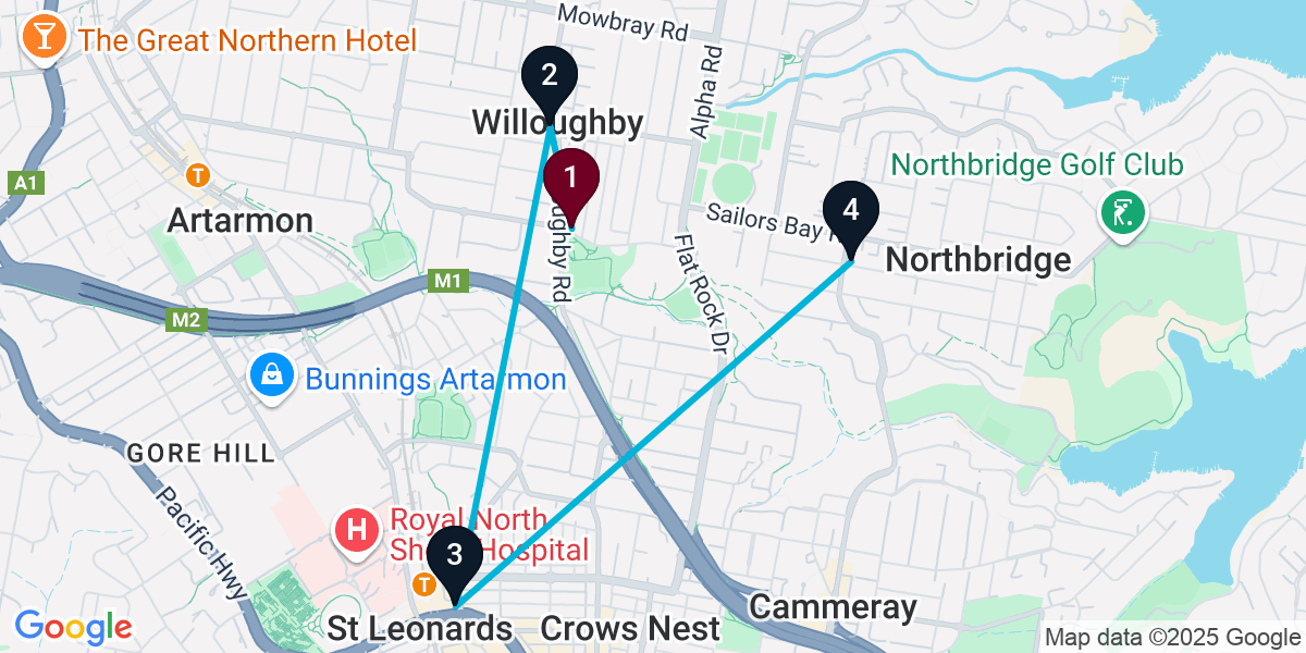 Map for 4-Stop Willoughby Pub Bar Crawl