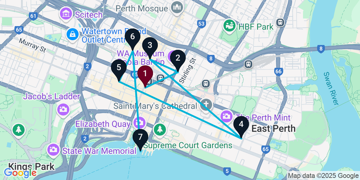 Map for 7-Stop Perth Nightclub Bar Crawl