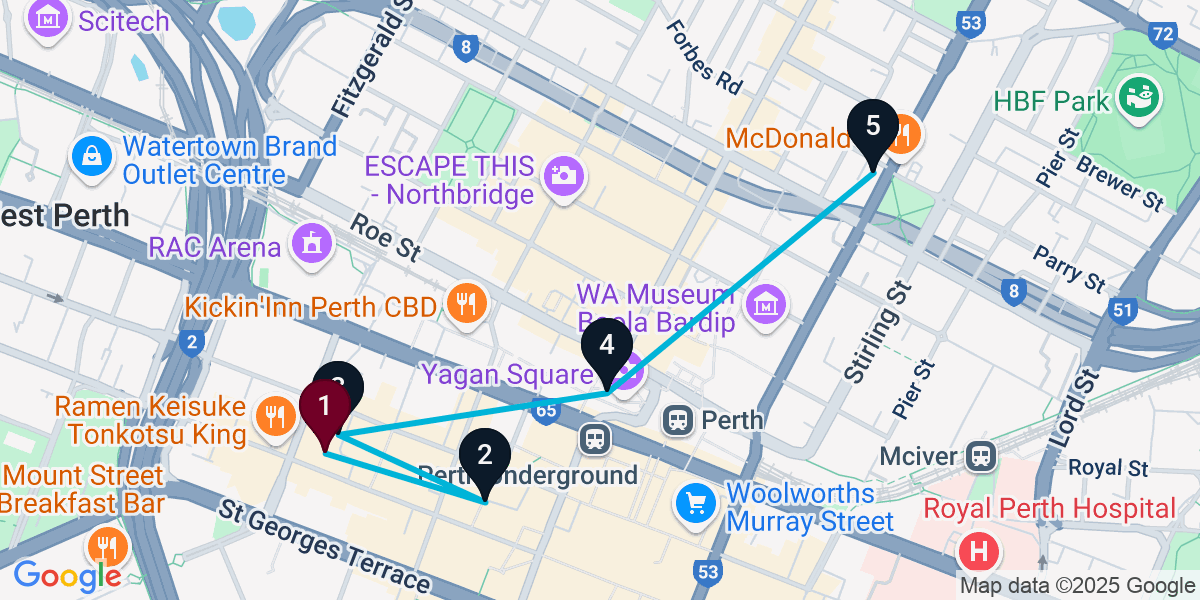 Map for 5-Stop Perth Cocktail Bar Crawl