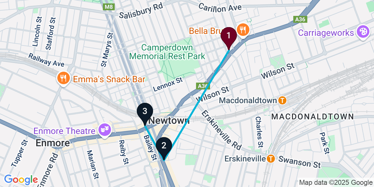 Map for 3-Stop Newtown Cocktail Bar Crawl