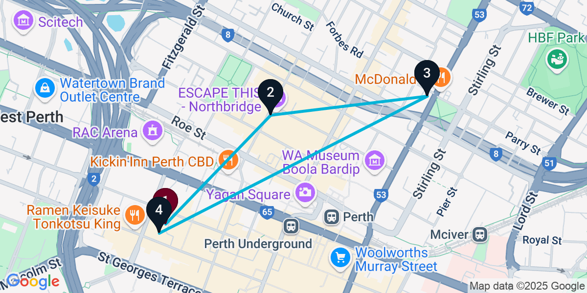 Map for 4-Stop Perth Bar Crawl