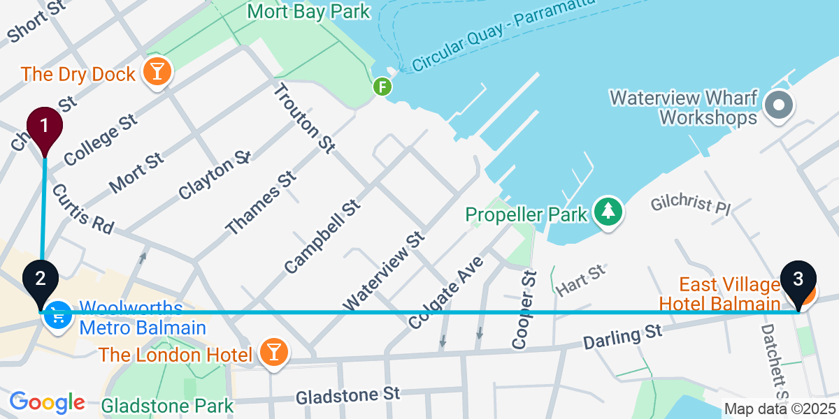 Map for 3-Stop Balmain Pub Bar Crawl