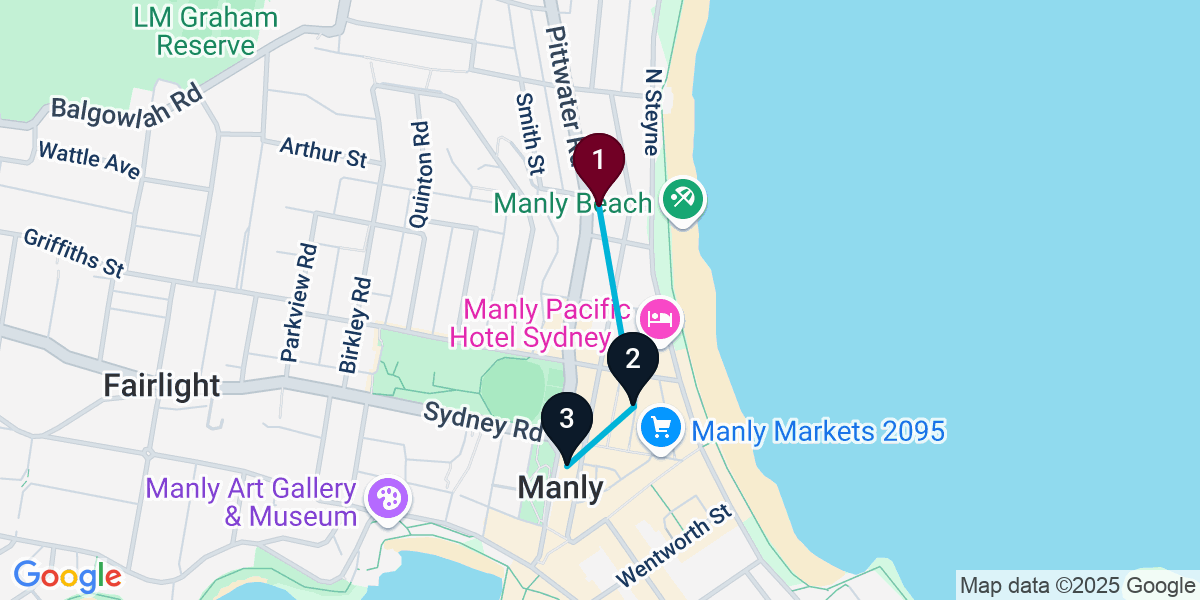 Map for 3-Stop Manly Speakeasy Bar Crawl