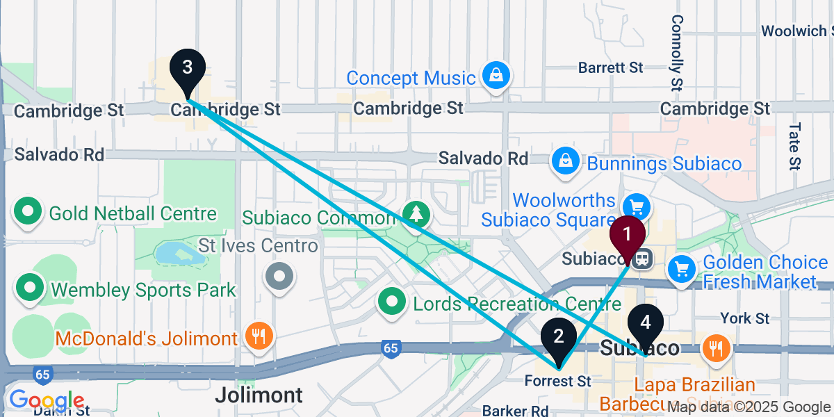 Map for 4-Stop Subiaco Pub Bar Crawl