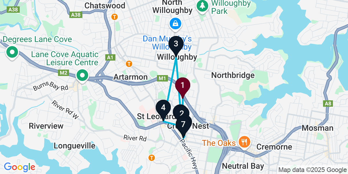 Map for 7-Stop Naremburn Cocktail Bar Crawl
