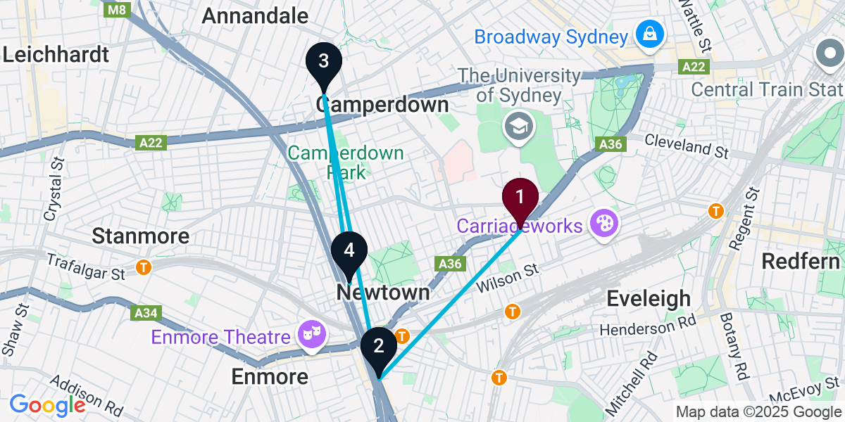 Map for 4-Stop Newtown Speakeasy Bar Crawl