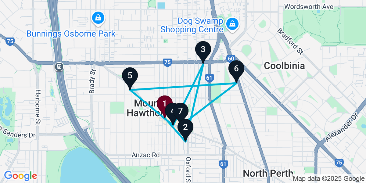 Map for 7-Stop Mount Hawthorn Bar Crawl