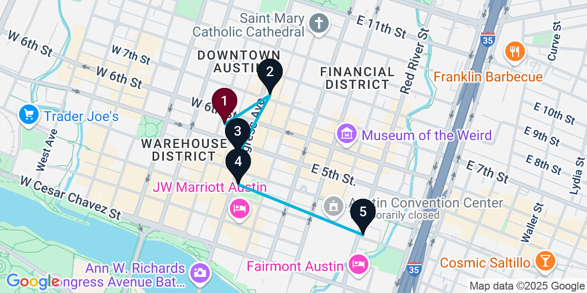 Map for 5-Stop Austin Cocktail Bar Crawl