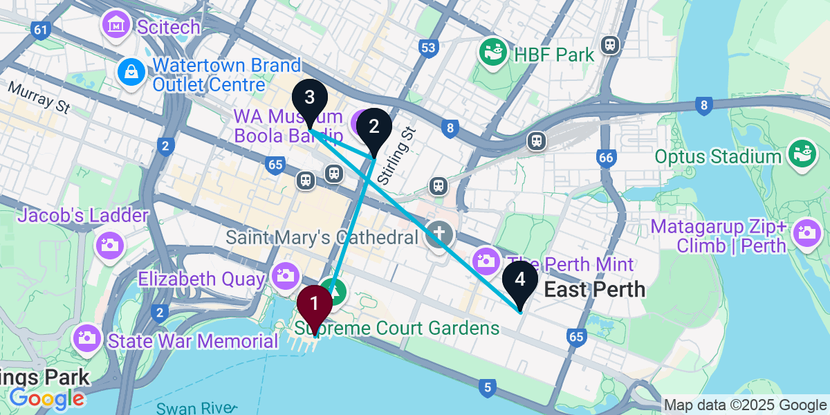 Map for 4-Stop Perth Nightclub Bar Crawl