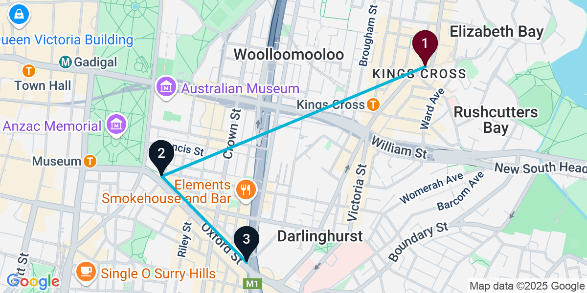 Map for 3-Stop Potts Point Nightclub Bar Crawl