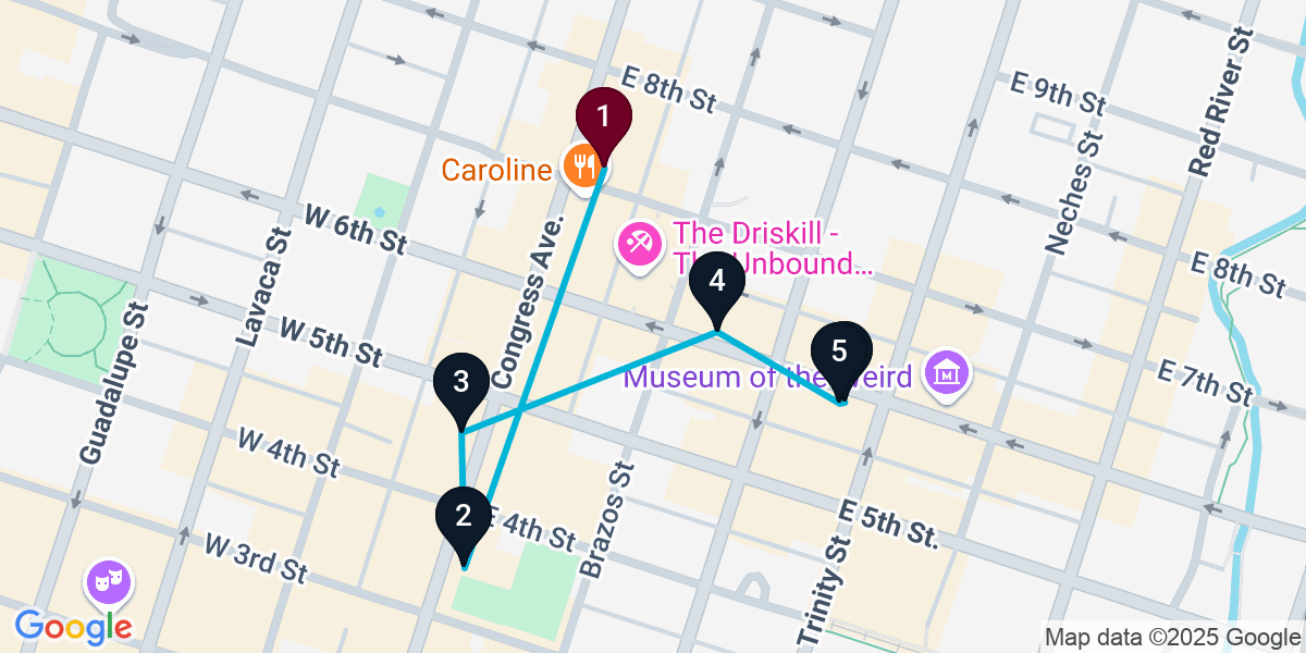 Map for 6-Stop Austin Live music Bar Crawl
