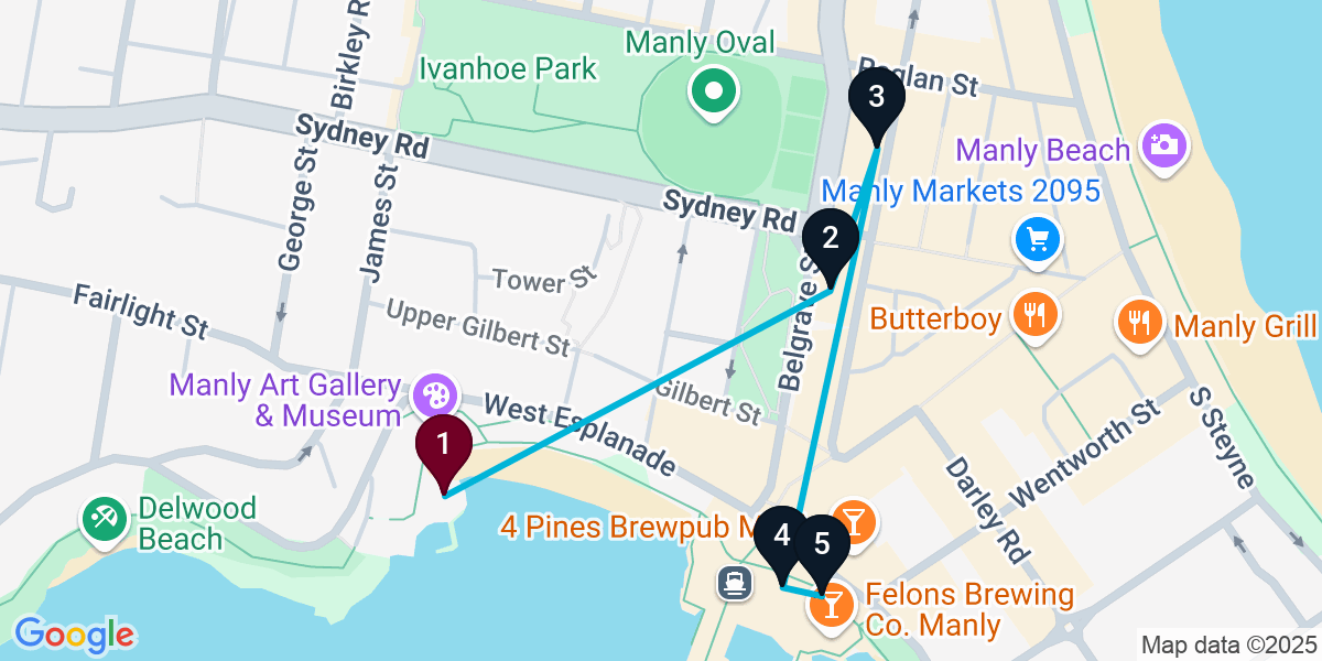 Map for 5-Stop Manly Bar Crawl