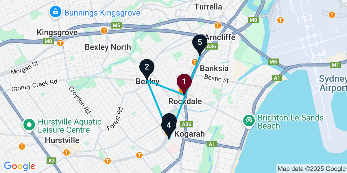Map for 5-Stop Rockdale Pub Bar Crawl