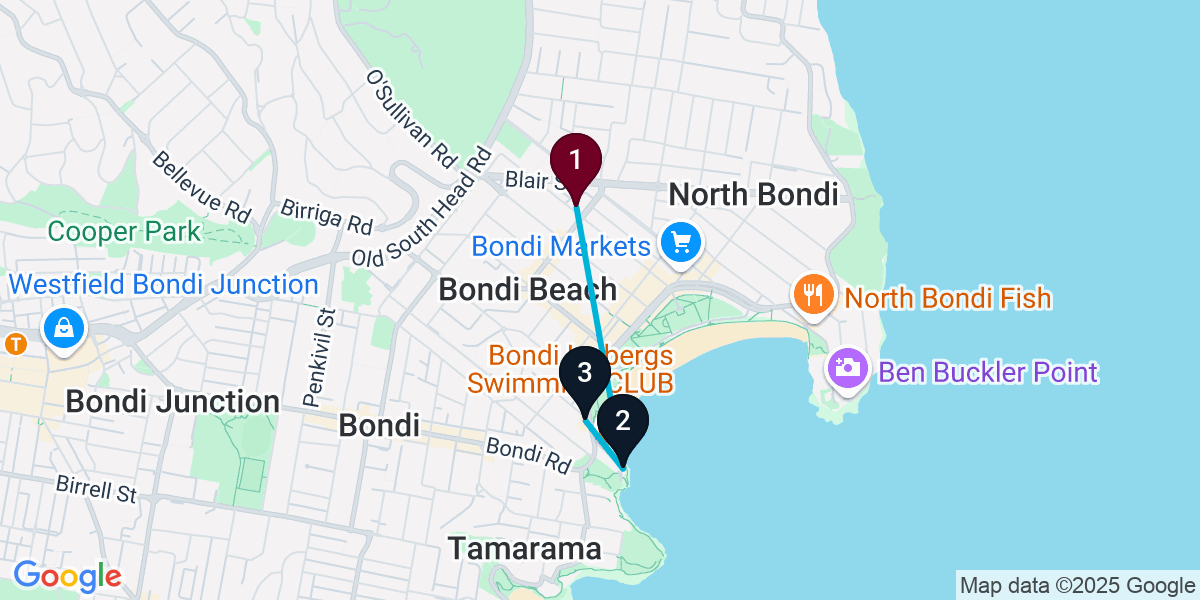Map for 3-Stop Bondi Beach Rooftop Bar Crawl