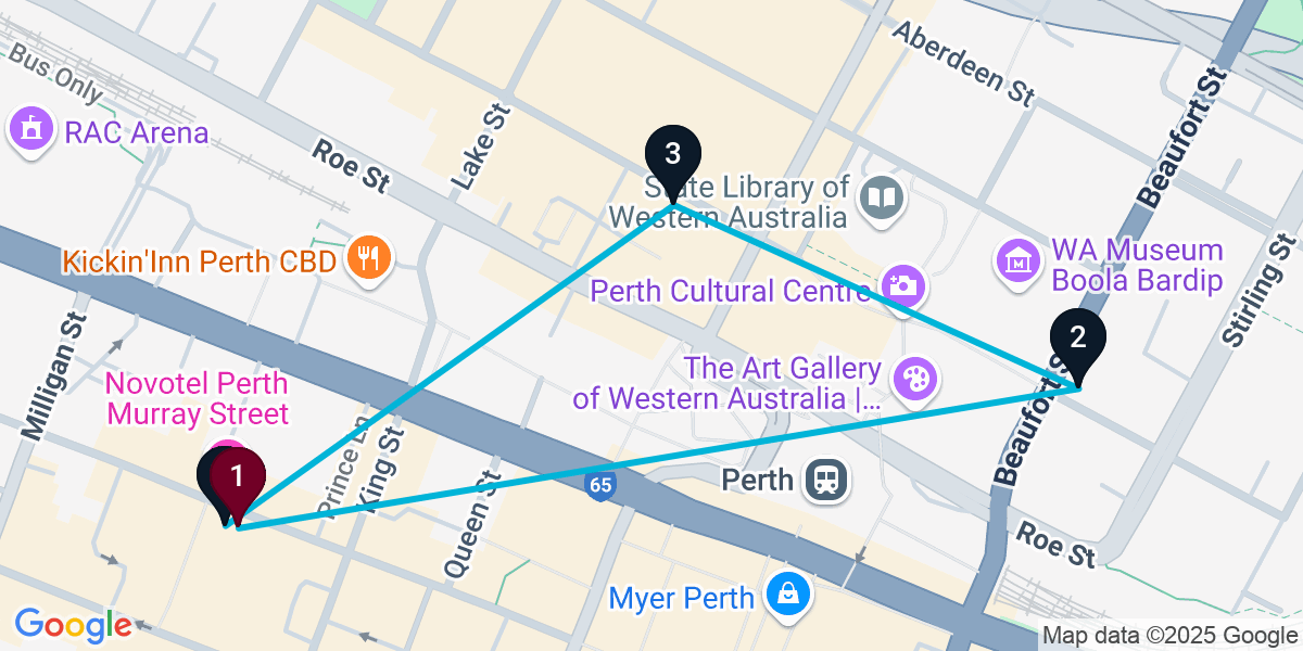 Map for 4-Stop Perth Nightclub Bar Crawl