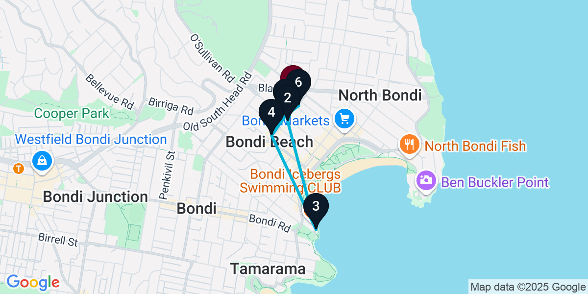 Map for 6-Stop Bondi Beach Bar Crawl