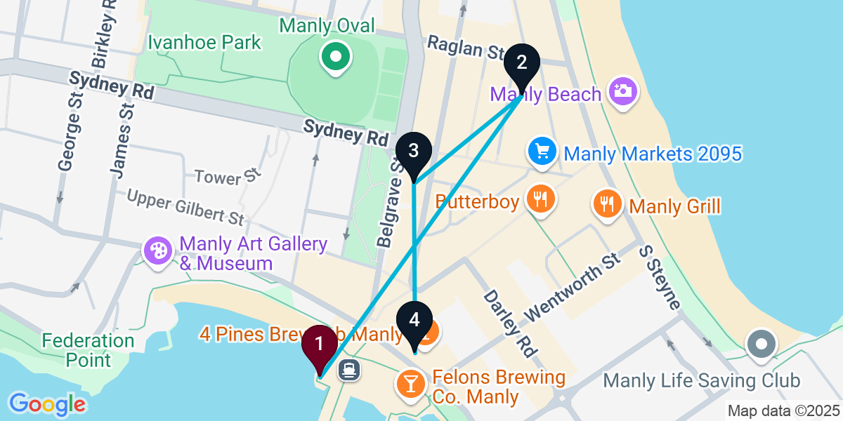 Map for 4-Stop Manly Bar Crawl