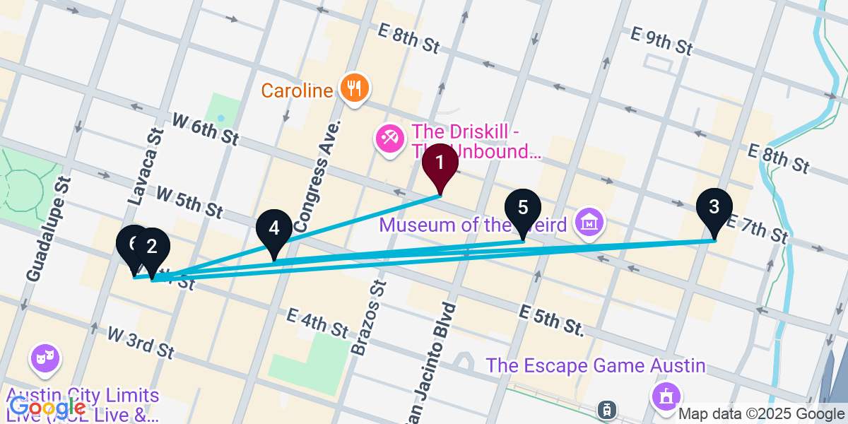 Map for 6-Stop Austin Nightclub Bar Crawl