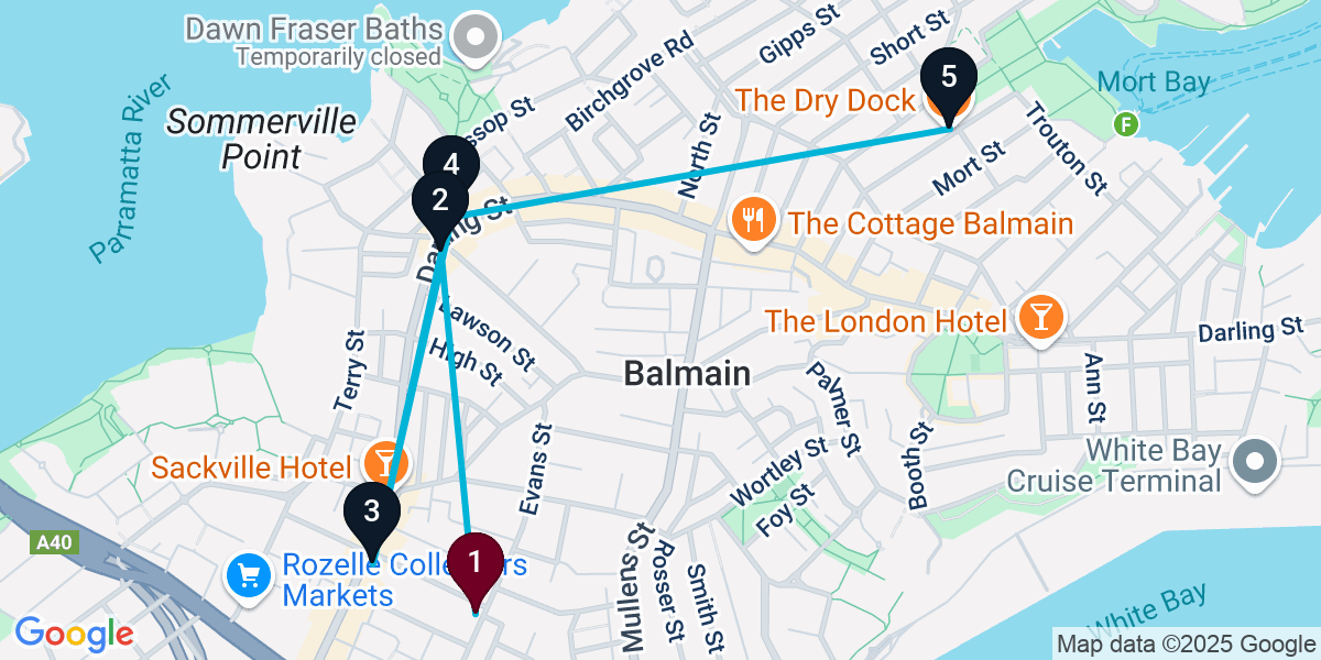 Map for 5-Stop Rozelle Bar Crawl