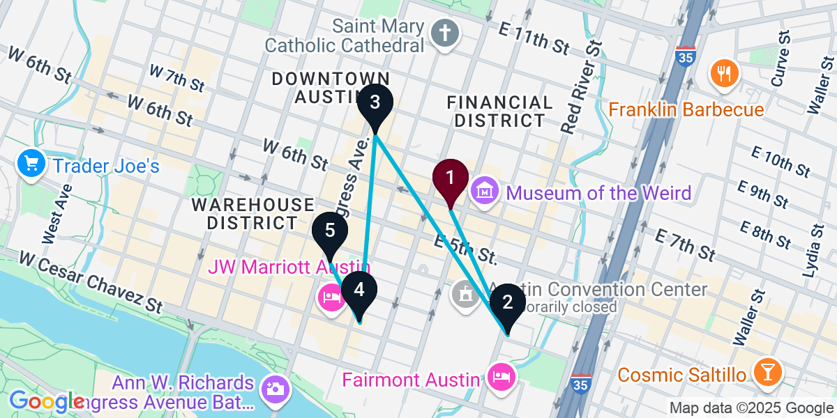 Map for 5-Stop Austin Cocktail Bar Crawl