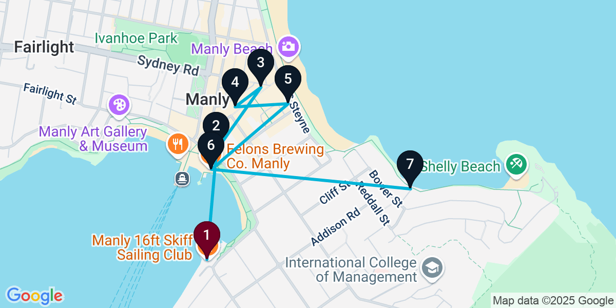 Map for 7-Stop Manly Pub Bar Crawl
