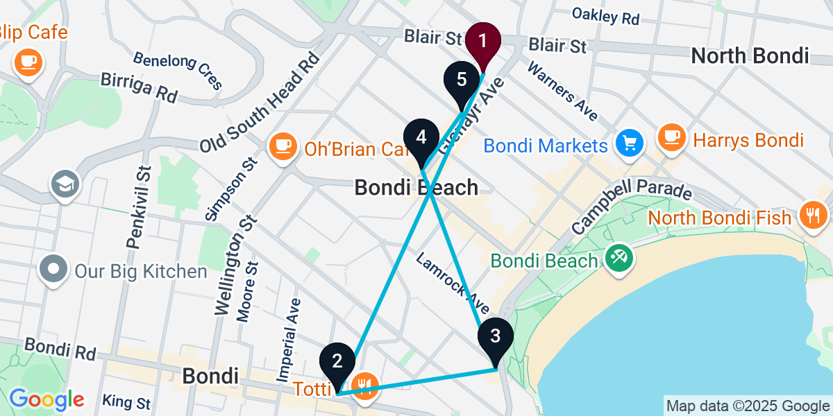 Map for 5-Stop Bondi Beach Bar Crawl