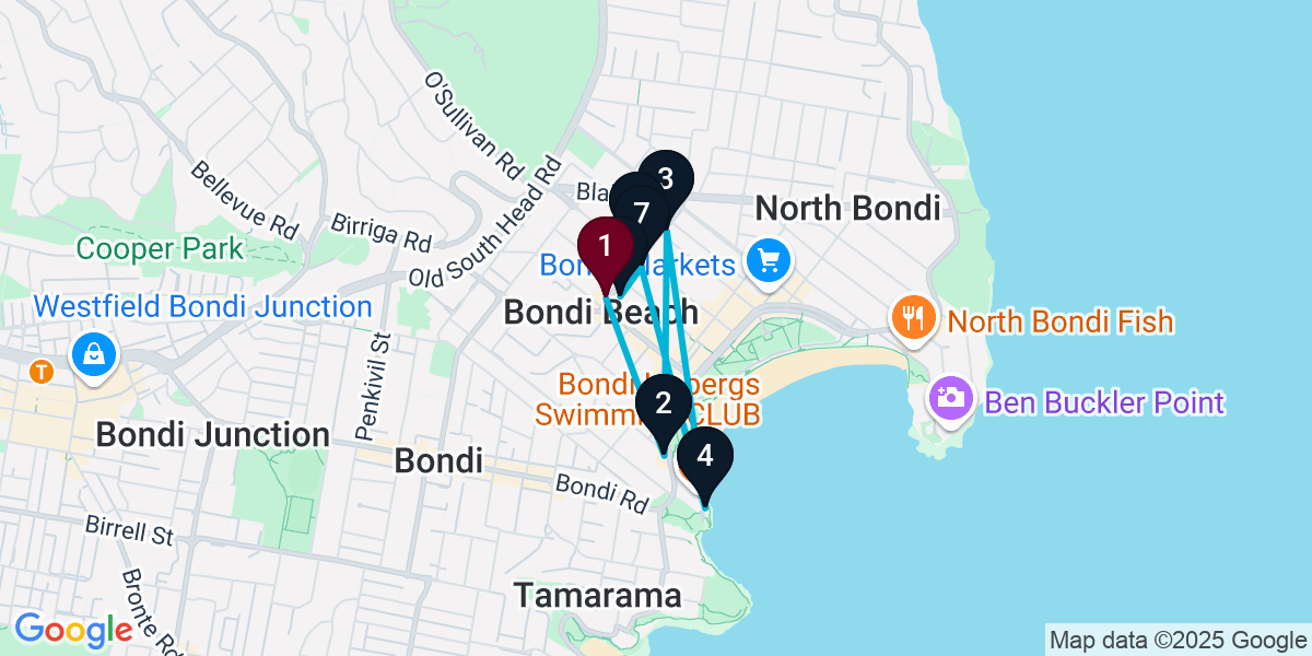 Map for 7-Stop Bondi Beach Bar Crawl
