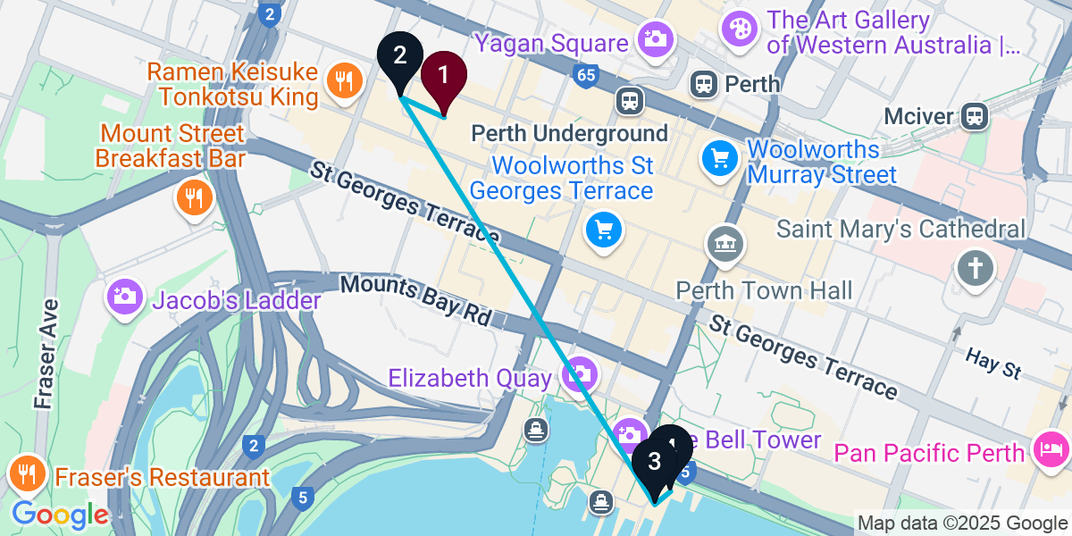 Map for 4-Stop Perth Rooftop Bar Crawl
